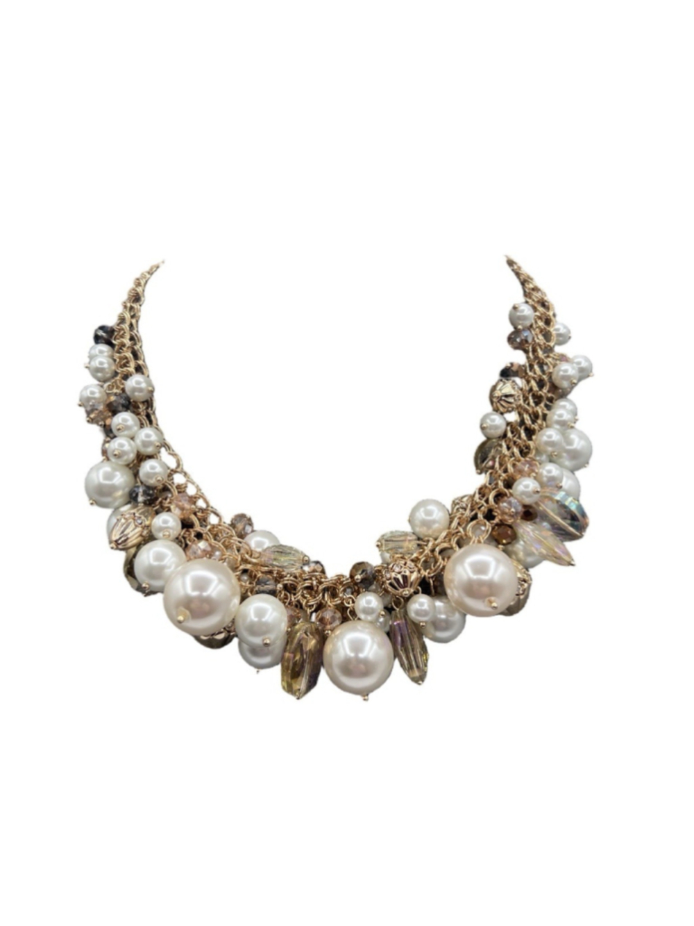 Statement Necklace Faux Pearl Beaded Ribbon Gold Tone Cluster